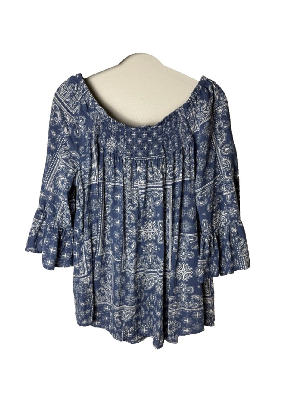 BeachLunchLounge Blouse Size Large Top Short Elbow Length Sleeves Paisley Blue